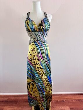 La Femme Vintage Y2K Beaded Open Back Gown - 100% Silk